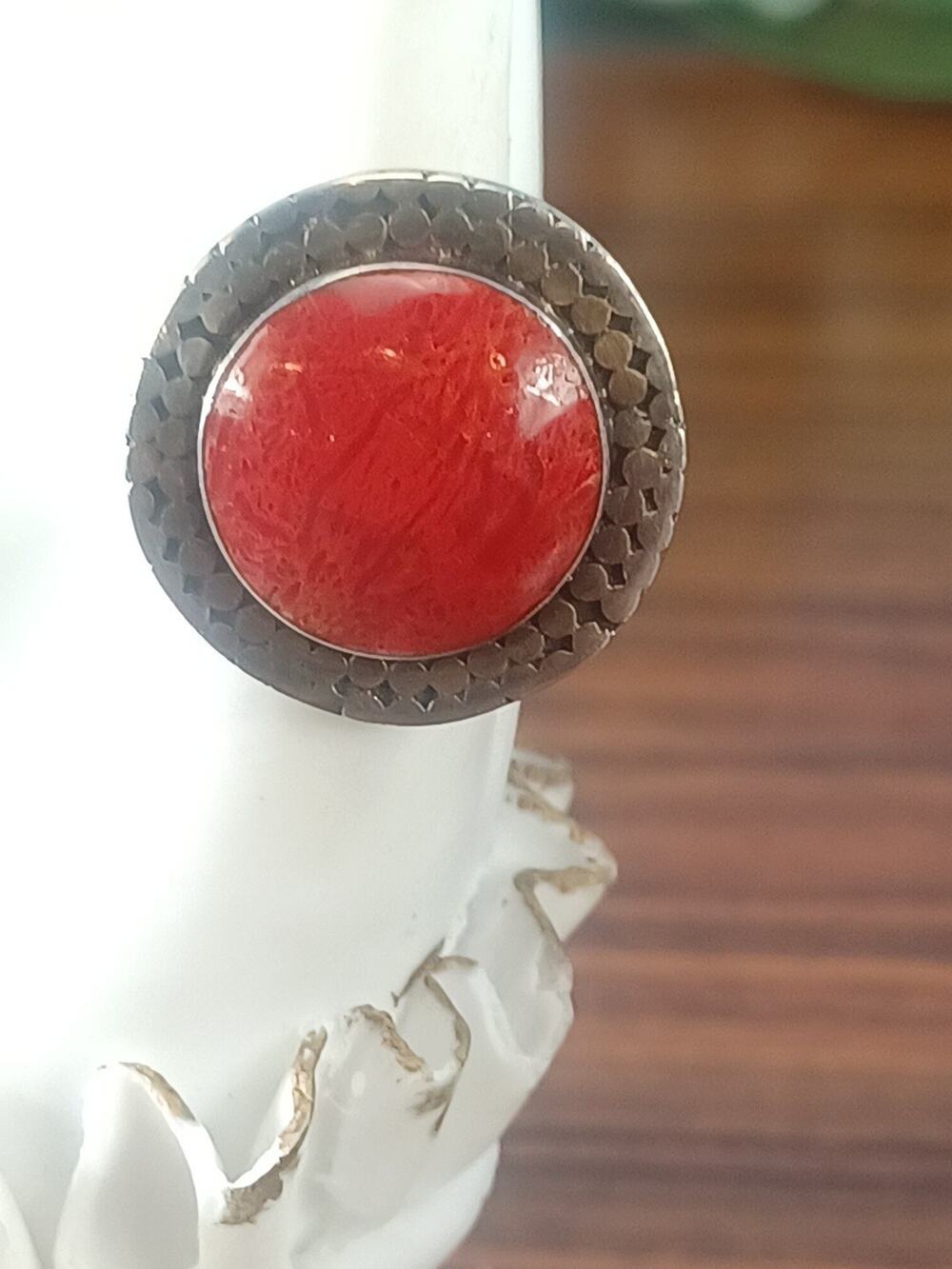 Vintage Natural Large Round Coral Sterling Silver Ring Size 6 Red Spectacular